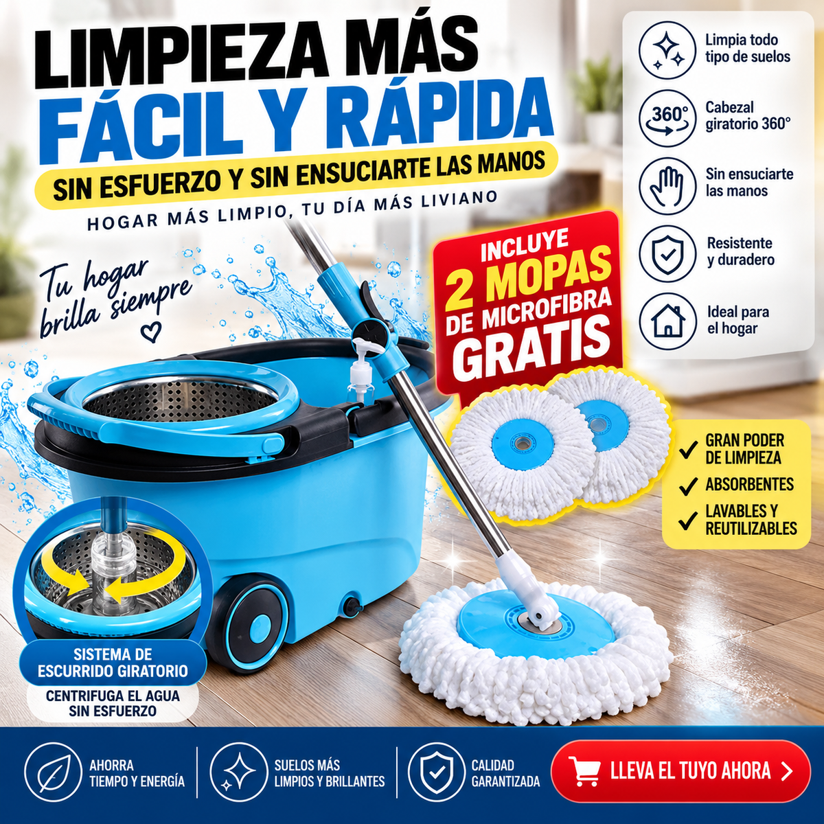 Fregona Giratoria 360° con Cubo y 2 Mopas de Microfibra